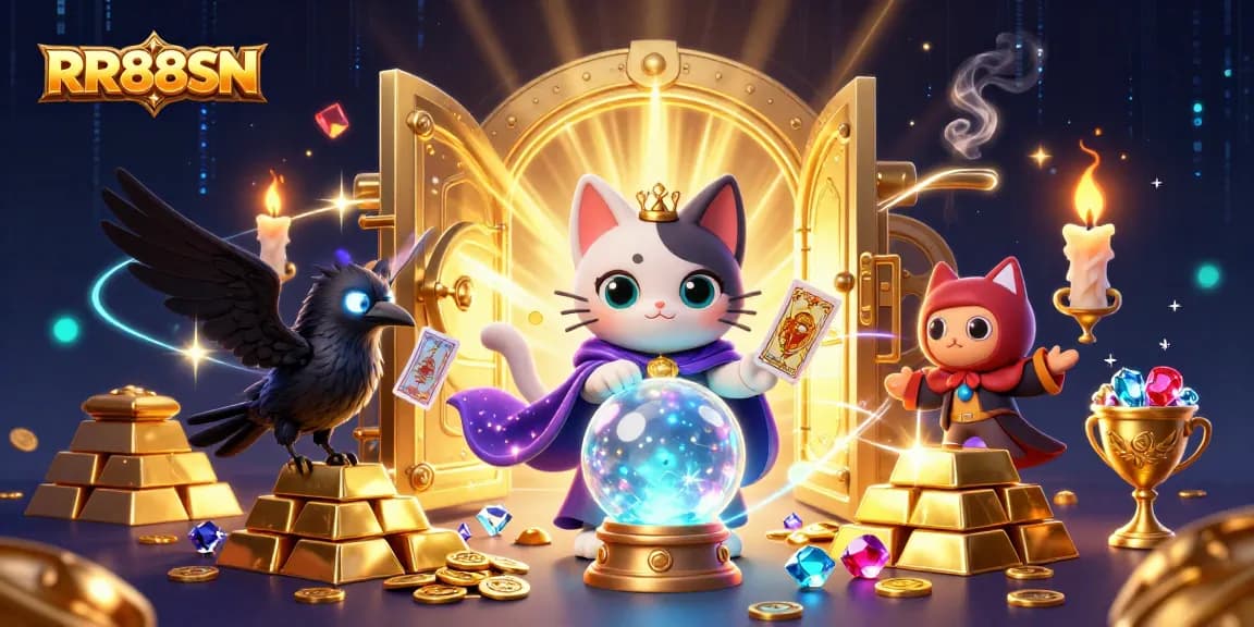 Engage with RR88SN's vibrant casino elements featuring a mystic cat and tarot raven.