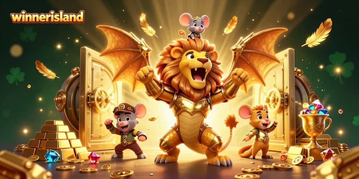 Win at winnerisland with roaring chimera and treasure galore in a vibrant casino scene.