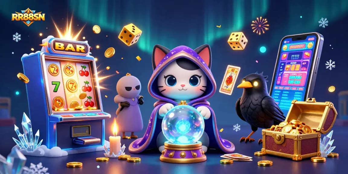 Engage with RR88SN's thrilling casino world filled with vibrant slot machines, fortune tellers, and winning symbols.