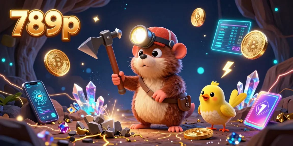 Engage in exhilarating gameplay at 789p, featuring a cartoon mole and canary amidst glowing treasures and cryptocurrencies.
