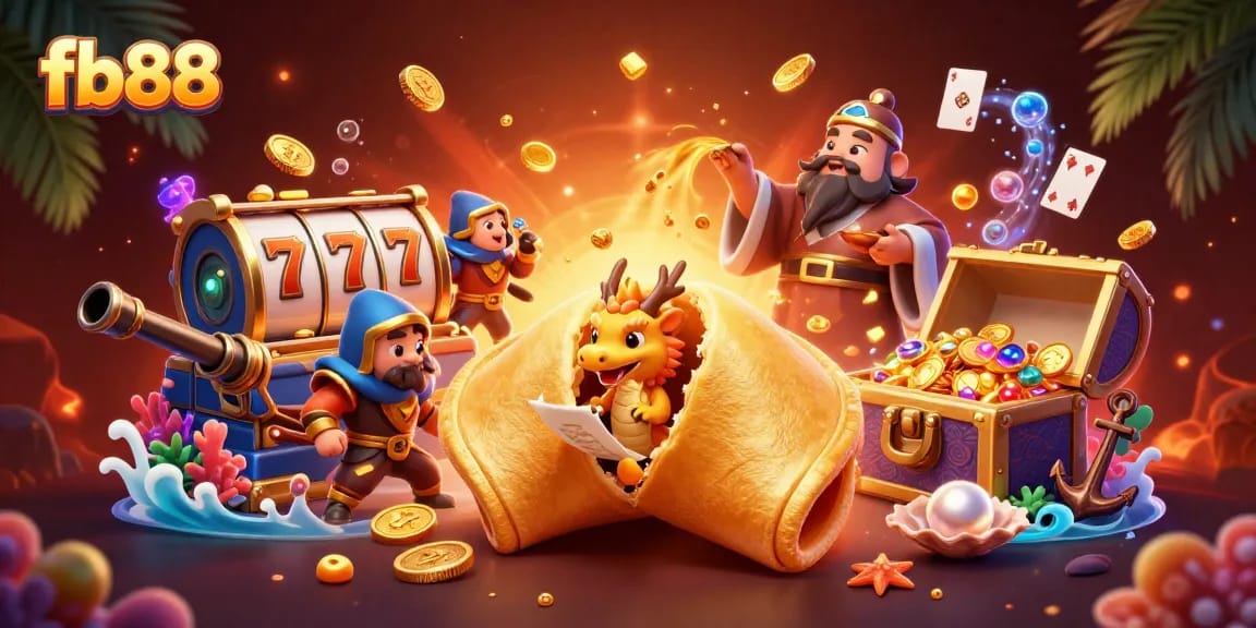 Experience exhilarating gameplay at fb88 with vibrant illustrations of a golden fortune cookie and casino elements.