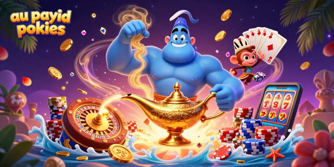 Experience fun and excitement with au payid pokies illustrated with a magical genie and vibrant gaming elements.