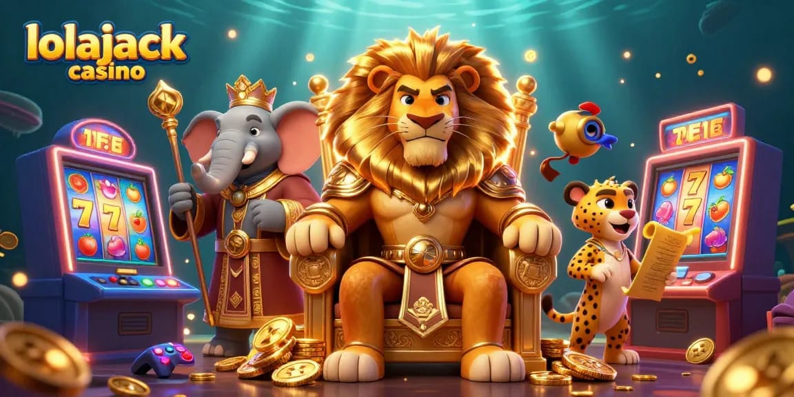 Experience the thrill of lolajack casino with vibrant slot machines, royalty figures, and dynamic game elements.