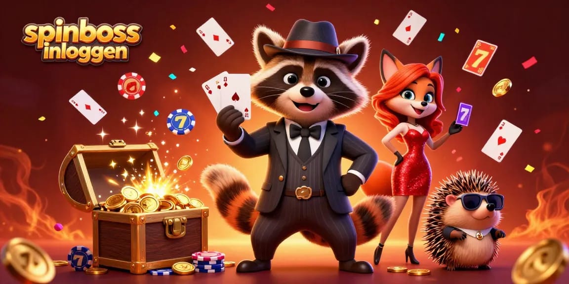 Join the excitement at spinboss inloggen, a lively casino scene featuring characters immersed in winning poker and slot action.