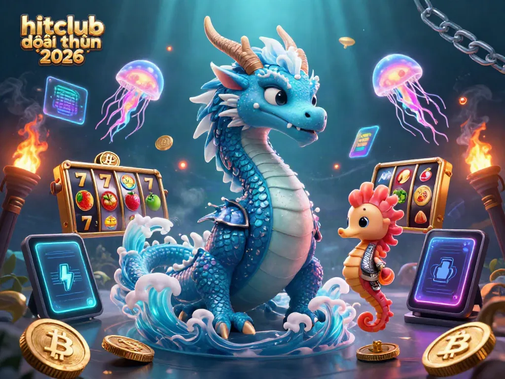 Experience hitclub đổi thưởng 2026 through a vibrant 3D casino scene with slot reels and dragons.