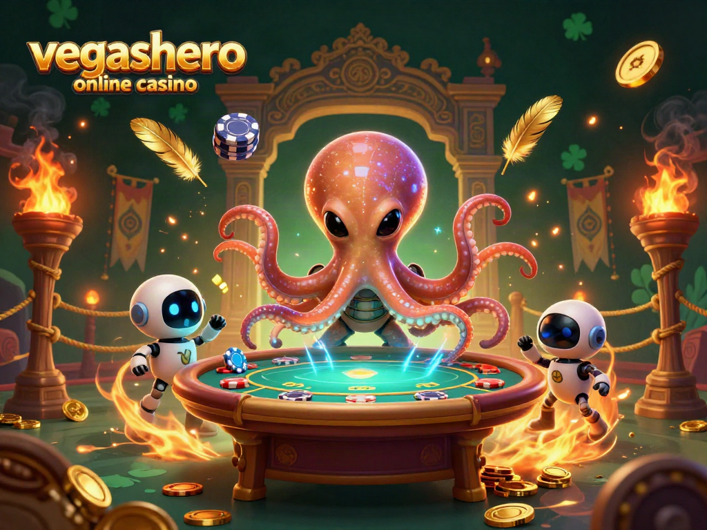 A dynamic scene of the vegashero online casino with an alien octopus at a poker table and exciting game elements