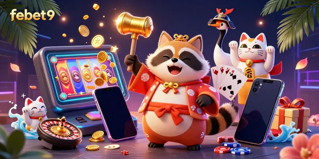 Experience the vibrant gaming world of febet9 with a lucky tanuki and dynamic casino elements.