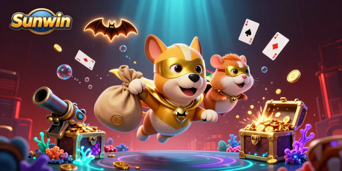 Sunwin offers thrilling casino adventures with a flying superhero dog carrying coins and vibrant game elements.