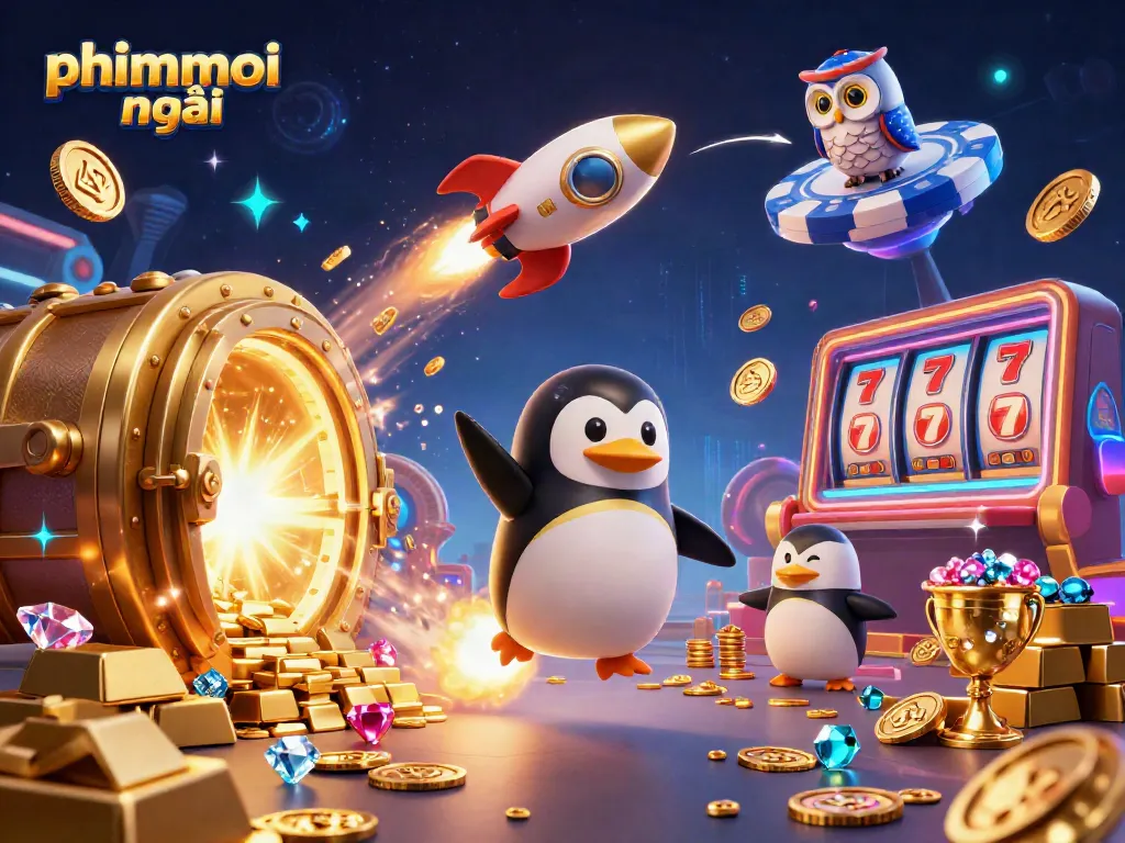 Experience the thrill of phimmoi mới with a golden penguin and vibrant casino elements.