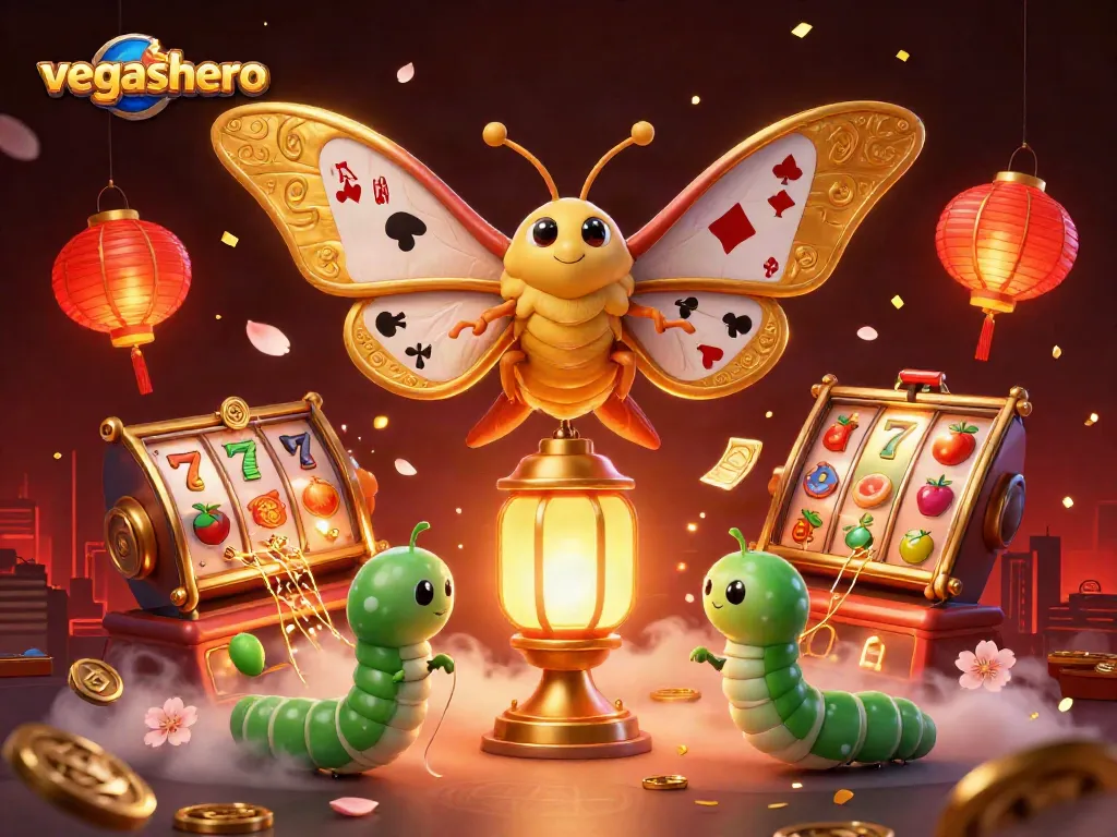 Experience thrilling gameplay with vegashero as golden-winged moths surround vibrant casino elements and symbols.