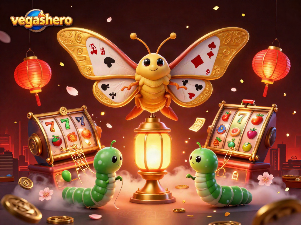 Experience thrilling gameplay with vegashero as golden-winged moths surround vibrant casino elements and symbols.