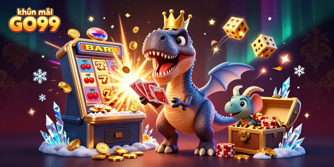 Engage with khuyến mãi GO99 through a vibrant 3D casino illustration featuring playful dinosaurs.