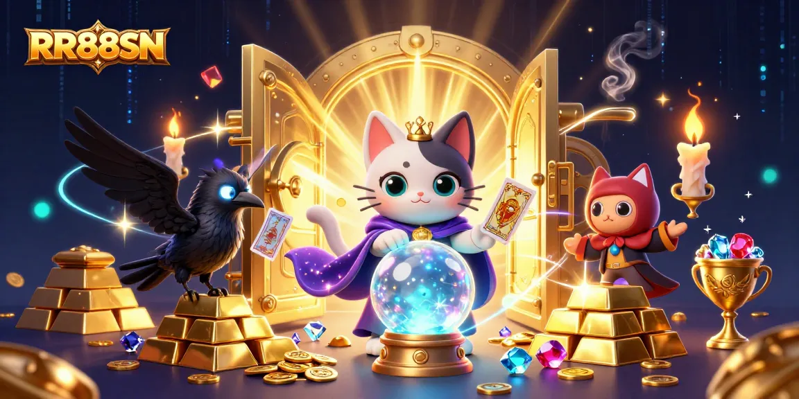 Engage with RR88SN's vibrant casino elements featuring a mystic cat and tarot raven.