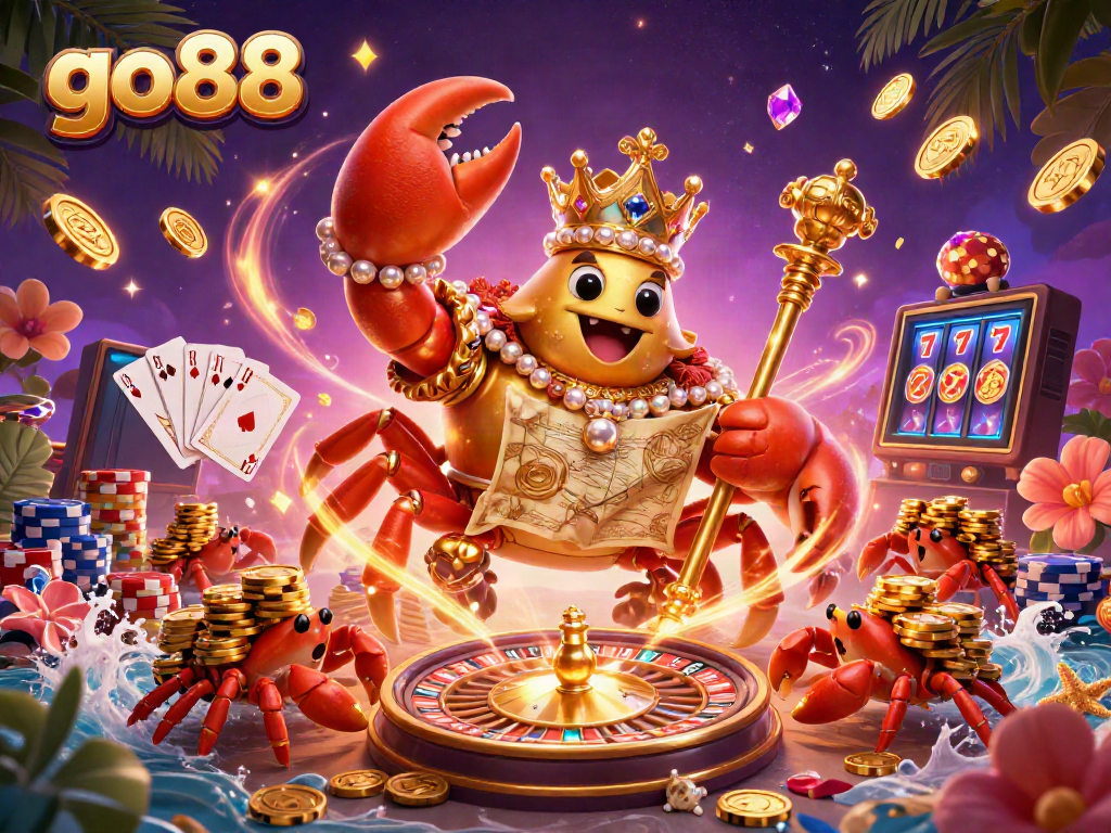 Experience the excitement of go88 with the golden crab emperor amidst a dynamic casino scene filled with treasures.