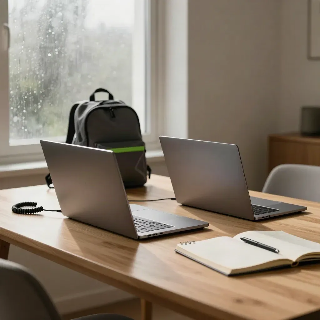 Twee open laptops, kabel, rugzak en notitieboek op een houten tafel bij het raam.