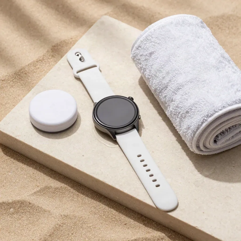 Samsung Galaxy Watch6 met bandje, oplader en handdoek op kalksteen met condens