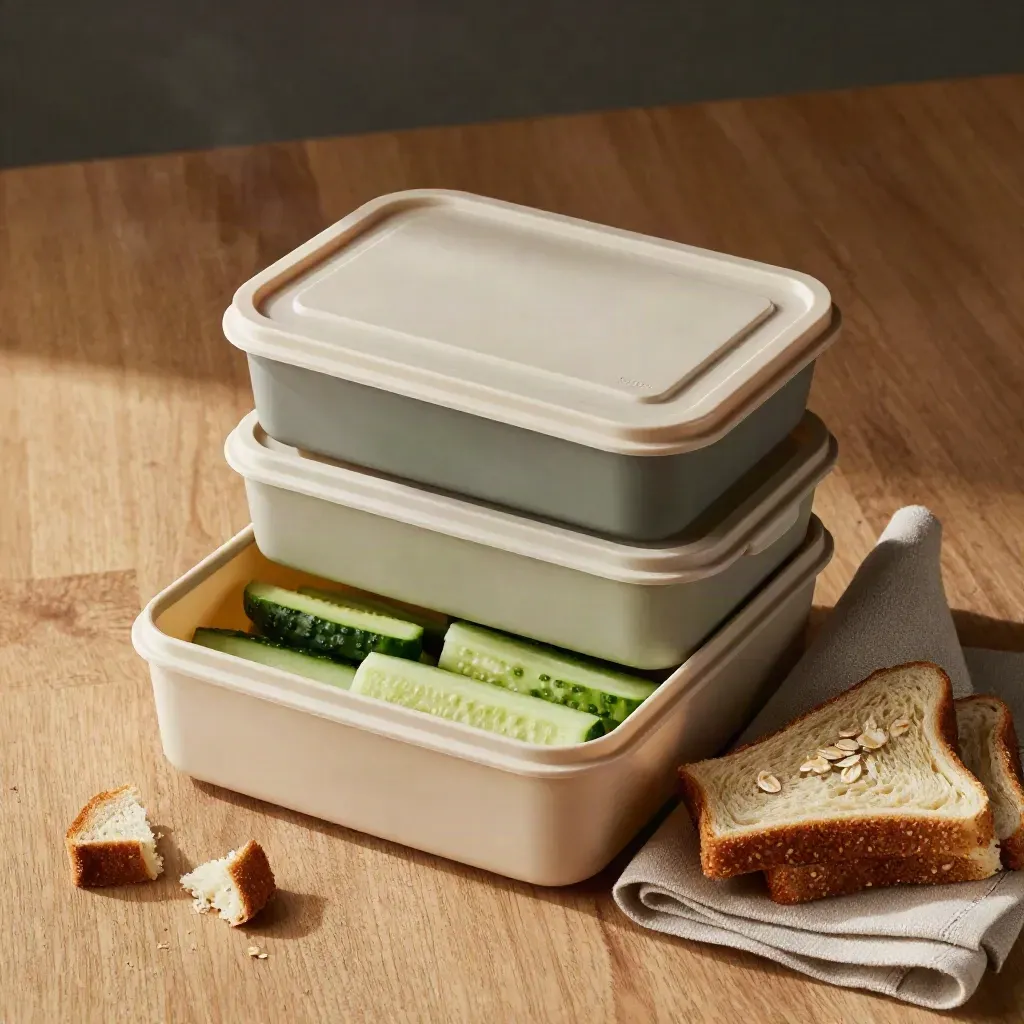Bovenaanzicht van lunchboxen, brood, komkommer en linnen servet op licht eikenhout.