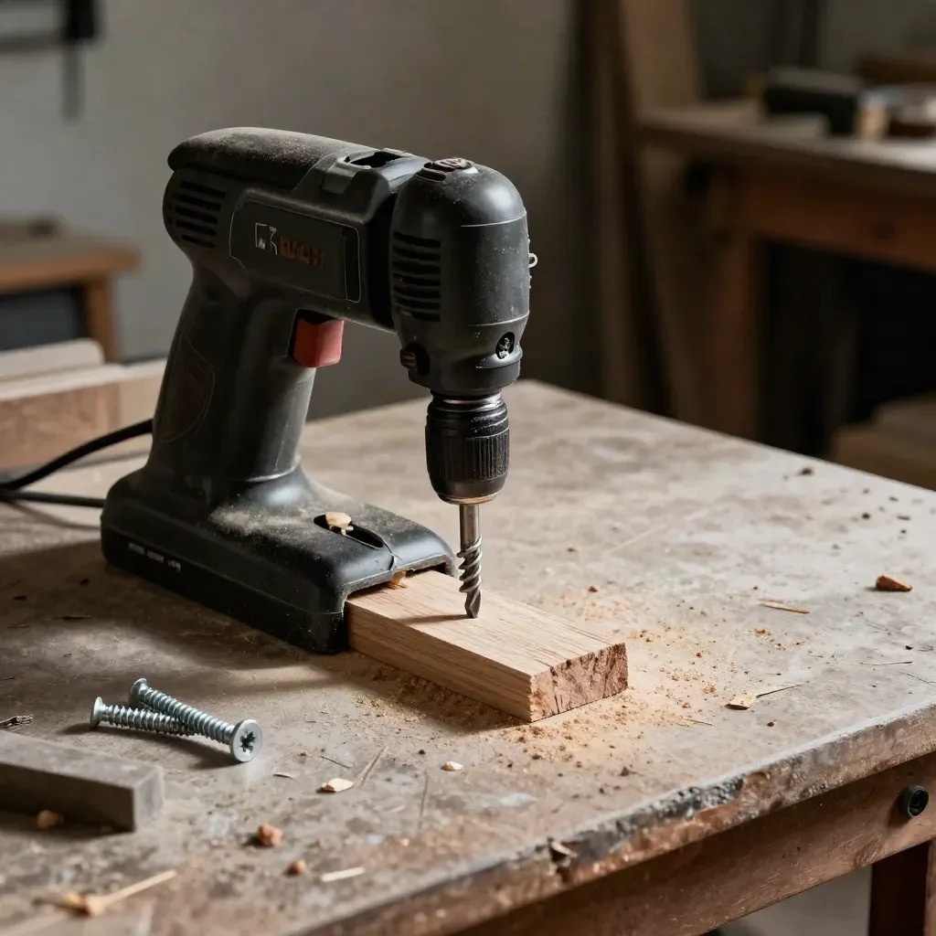 Bosch accuboormachine met bitset, schroeven, pluggen en houtstof op een werkbank.