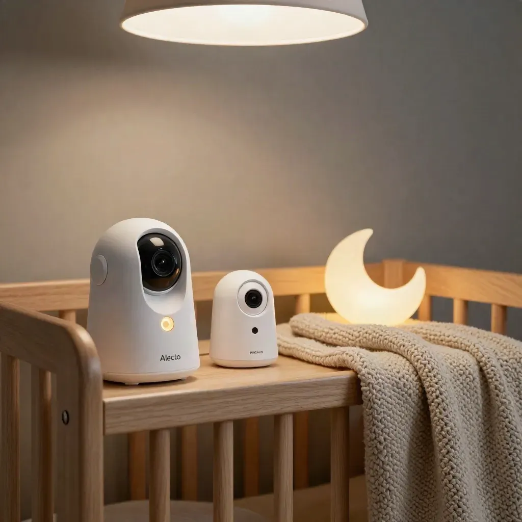 Babyfoon op een houten plank met wiegrail, deken en maanlamp in zacht avondlicht.