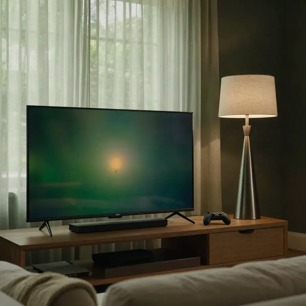 QLED-tv met soundbar, gamecontroller en lamp op eiken meubel in sfeervolle woonkamer.