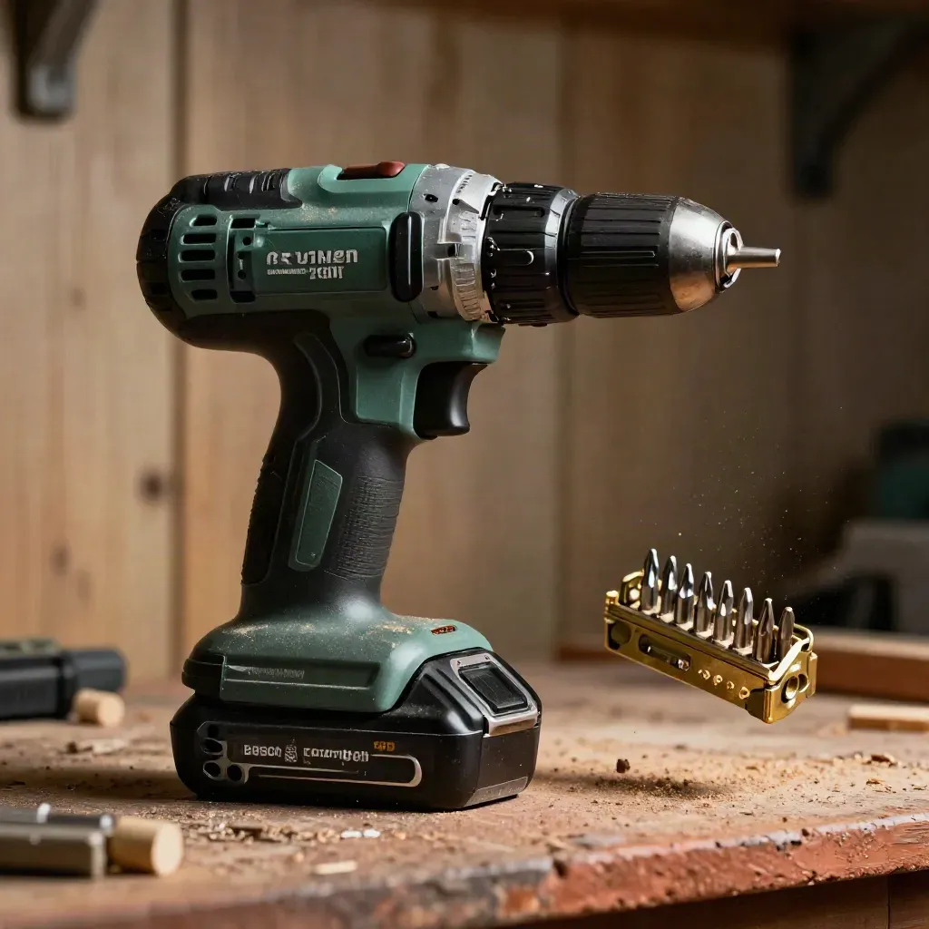 Close-up van een Bosch accuboormachine met twee accu’s, bits en houten pluggen op een ruwe werkbank.