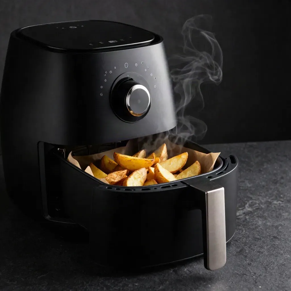 Zwarte airfryer met open mand, aardappelpartjes en stoom op matte zwarte ondergrond.