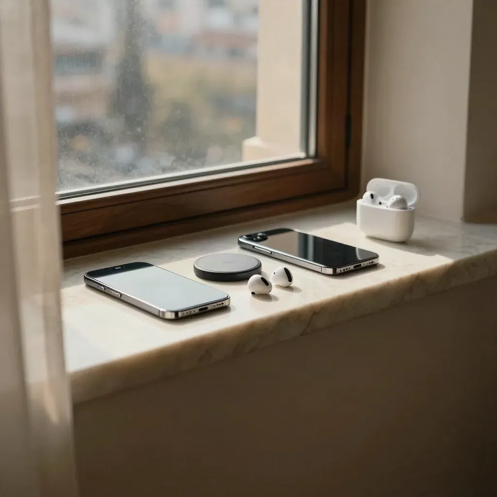 Twee smartphones met oplaadpad en earbuds op een zonnige marmeren vensterbank.