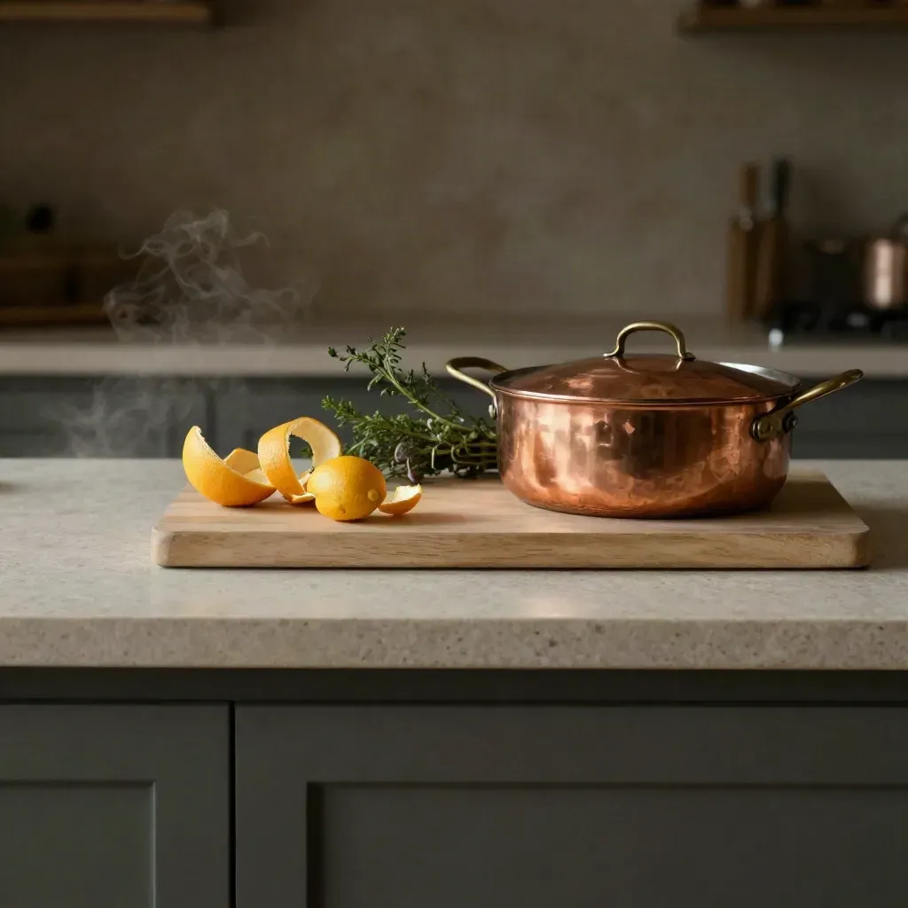 Lichte stenen keukenopstelling met koperen pan, hout, citrus en stoom op rustige ondergrond.
