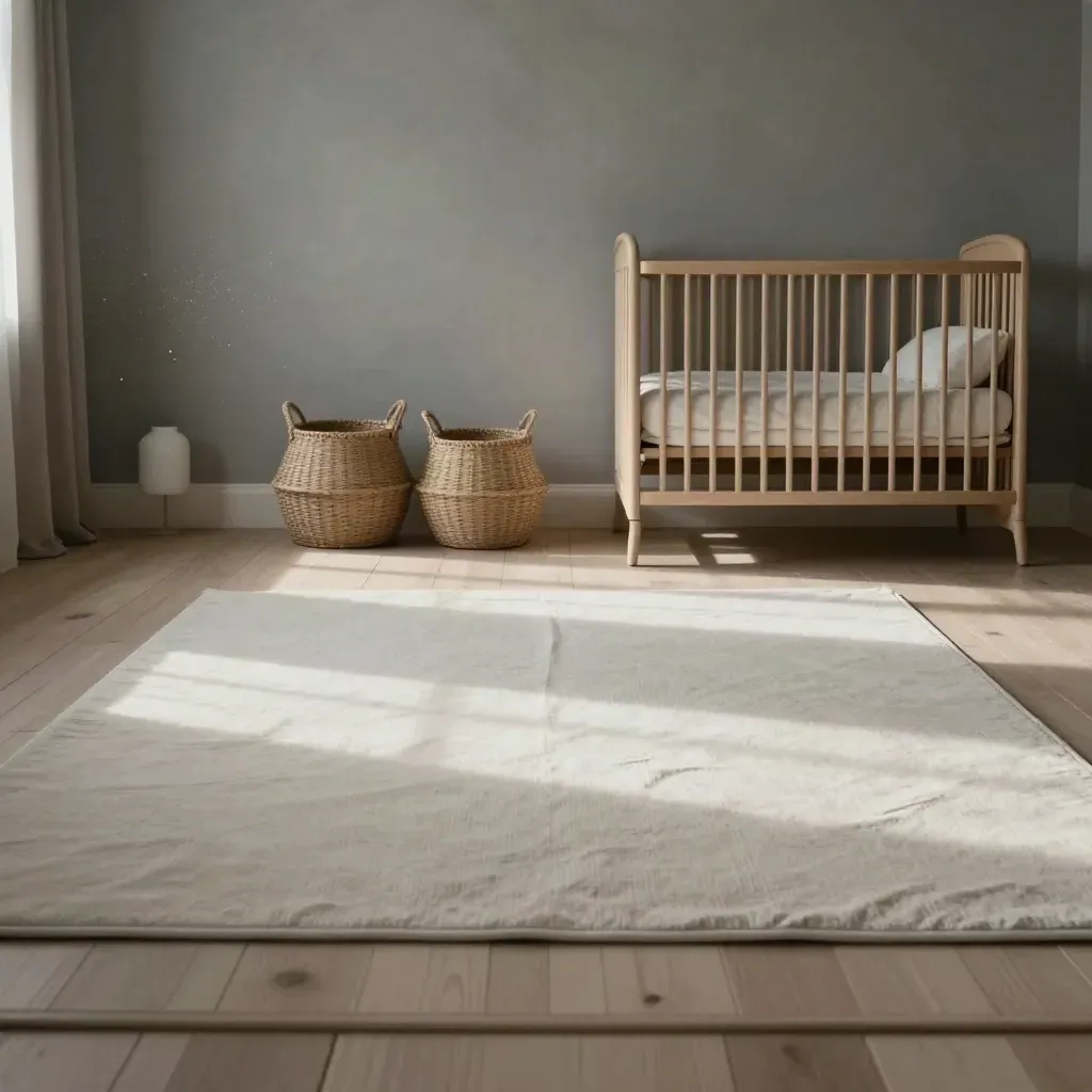 Rustige nursery met houten wieg, rieten manden, speelmat en zacht ochtendlicht op een wolkgrijze muur.
