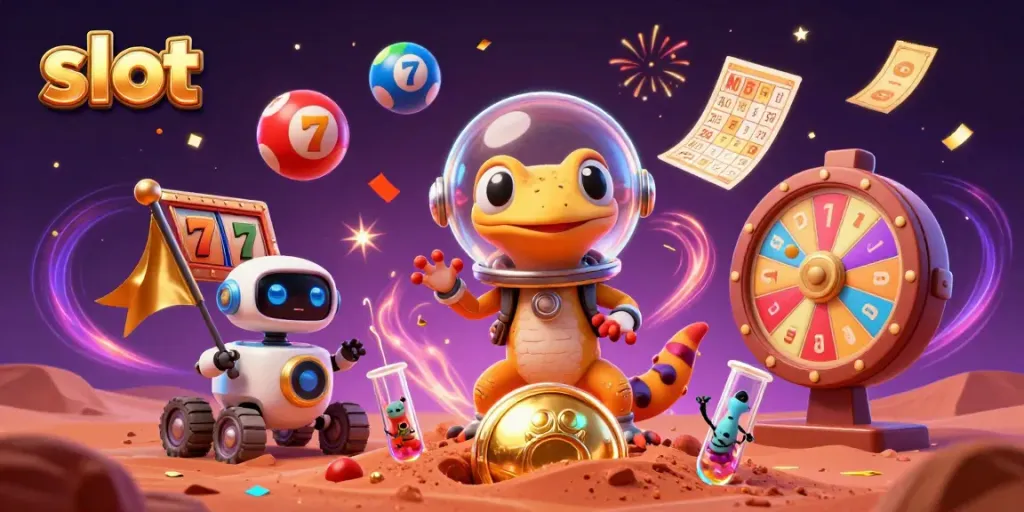 Experience exciting slot action with a Martian gecko discovering a golden casino on Mars!