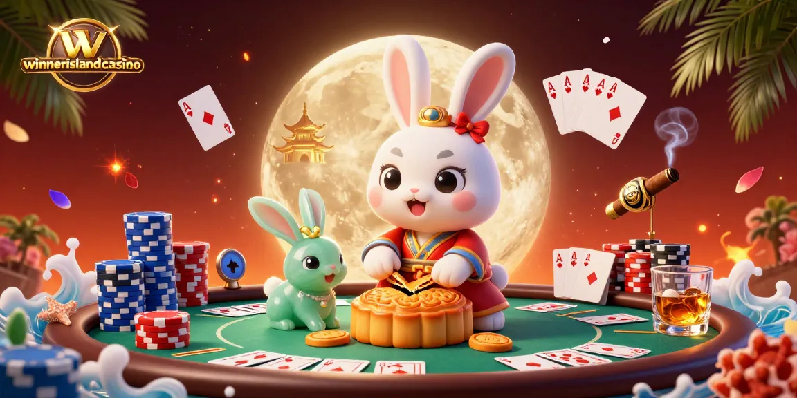 Experience exciting wins at winnerislandcasino with vibrant 3D moon rabbit and poker elements.