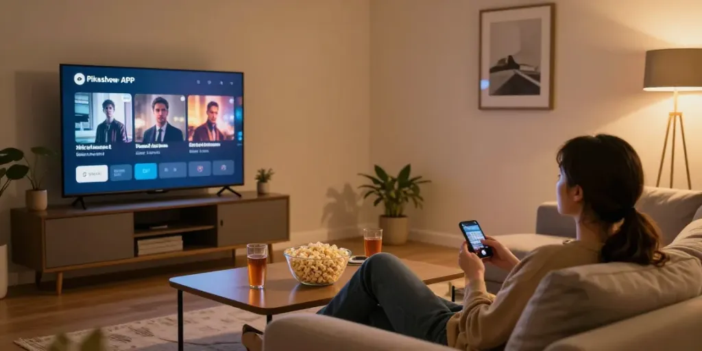 Person using Pikashow APK to stream movies in a cozy living room.