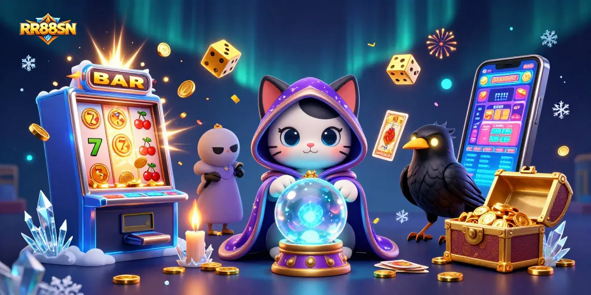 Engage with RR88SN's thrilling casino world filled with vibrant slot machines, fortune tellers, and winning symbols.