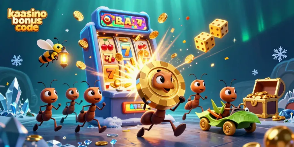 Experience the excitement of the kaasino bonus code with a dynamic heist scene of ants and rich casino elements.