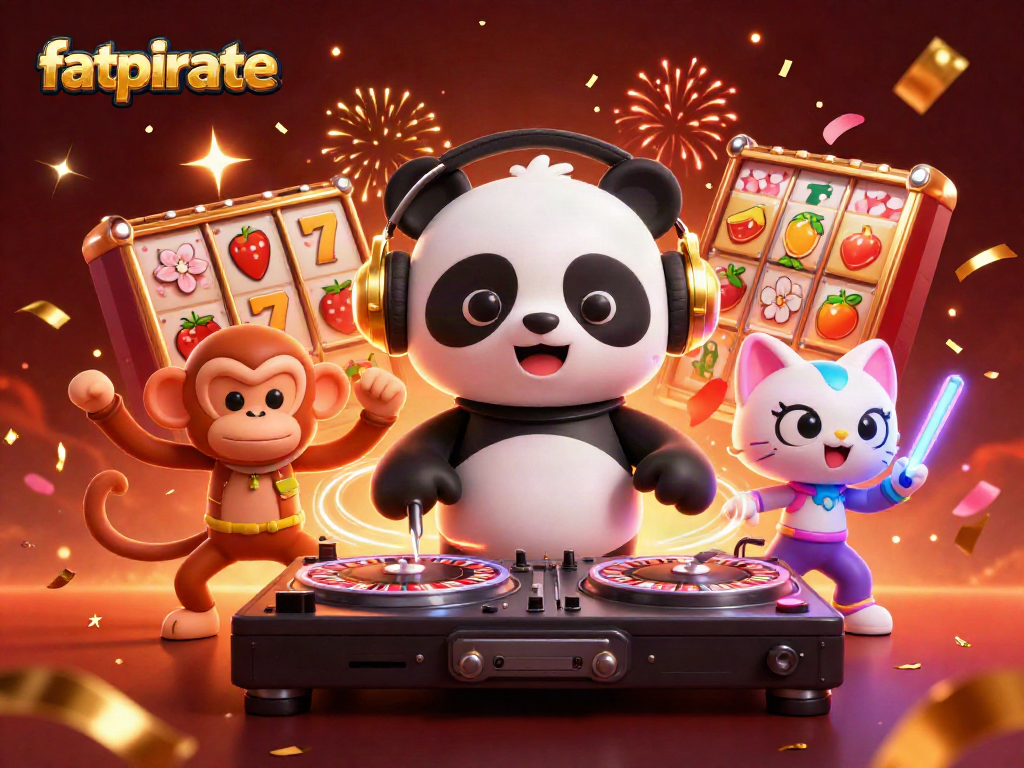 Experience the excitement at fatpirate with a DJ panda, breakdancing monkey, and glowing kitten surrounded by slot reels.