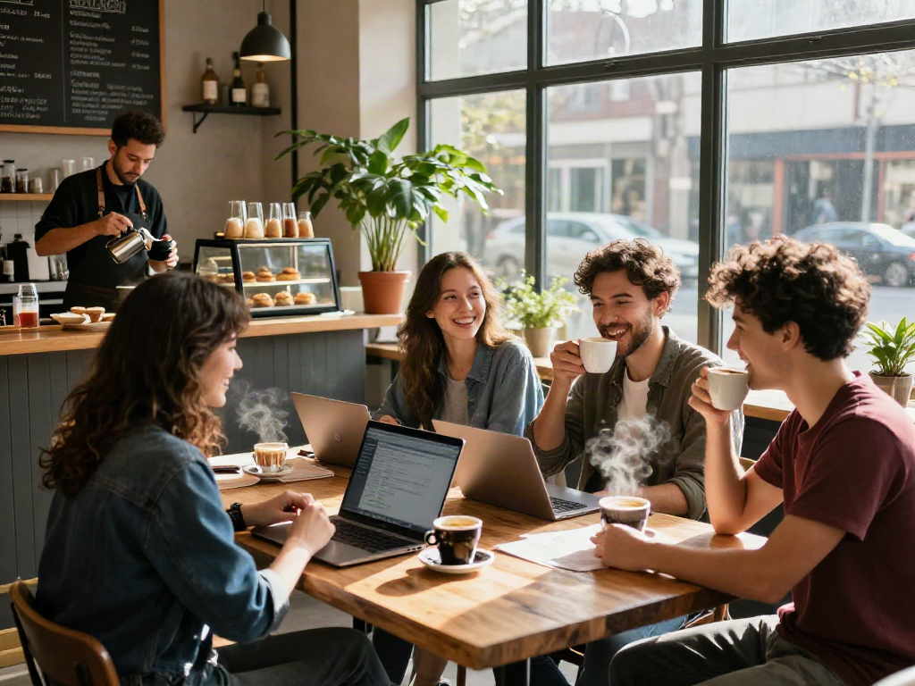 Group enjoying coffee and collaboration at rokok88 alternatif café.