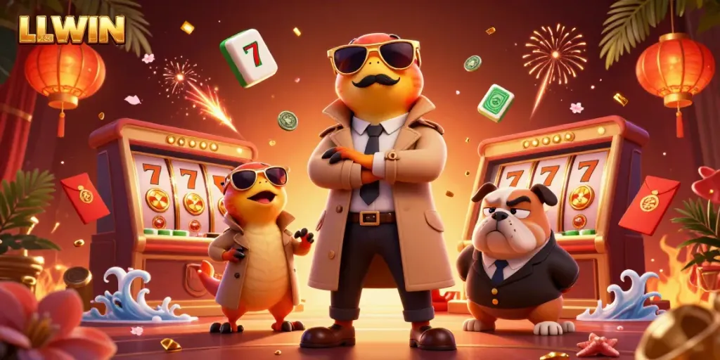 Engaging 3D cartoon raptors in trench coat enter a VIP casino, emphasizing the LLWIN gaming experience.