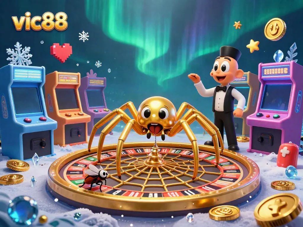Experience the thrill of vic88 as a fly nervously bets at a roulette wheel spun by a golden spider in a vibrant casino scene.