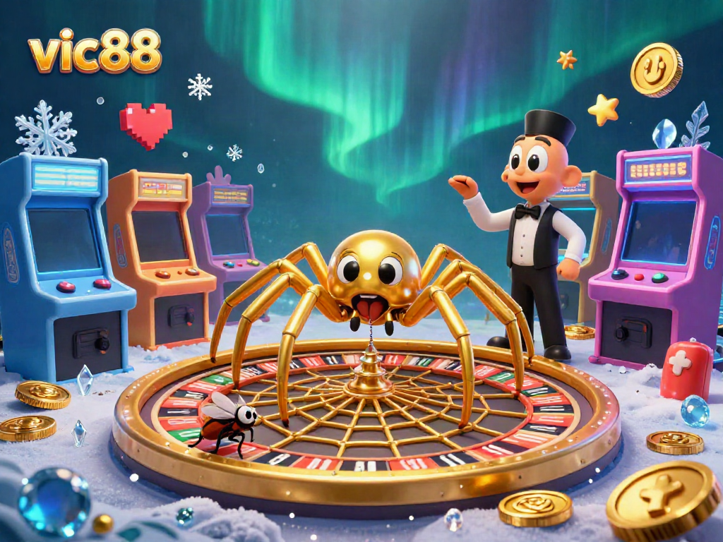 Experience the thrill of vic88 as a fly nervously bets at a roulette wheel spun by a golden spider in a vibrant casino scene.