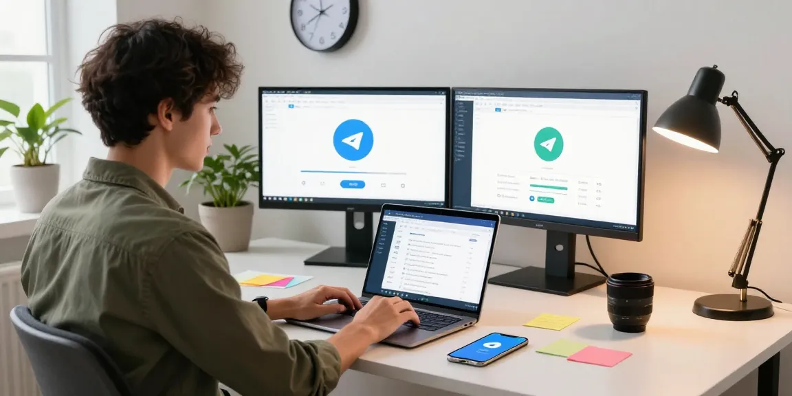 Professional workspace with Telegram Web Version on laptop, showcasing productivity and modern tech.